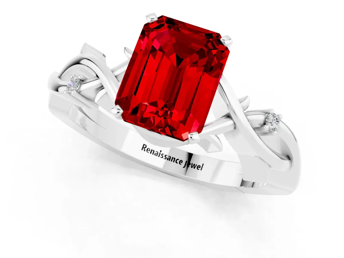 Emerald Cut Ruby Solitaire Ring with Twisted Band and Prong Setting Silver