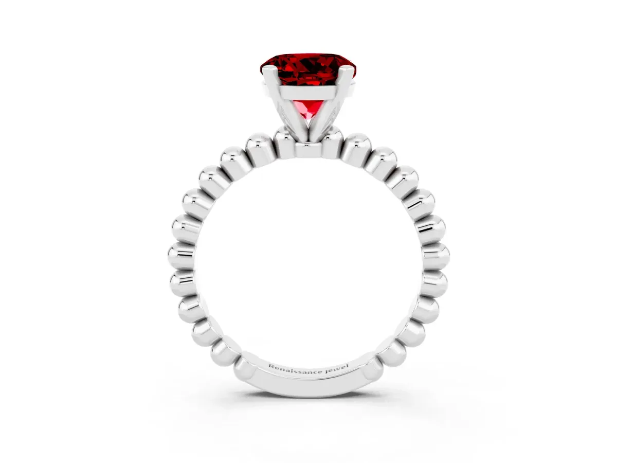 Round Cut Ruby Solitaire Ring with Beaded Band and Prong Setting White gold