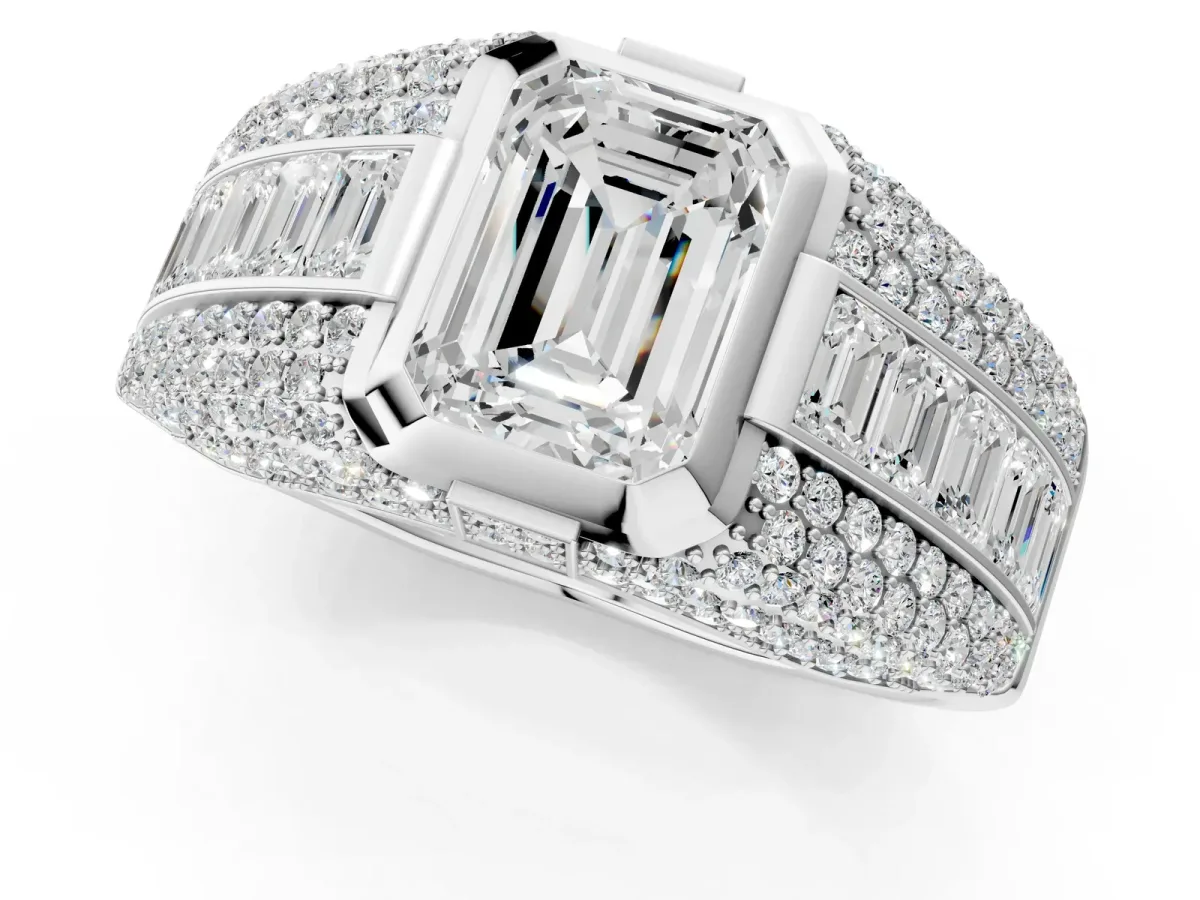 Emerald Cut Diamond Mens Ring with Side Stones Silver