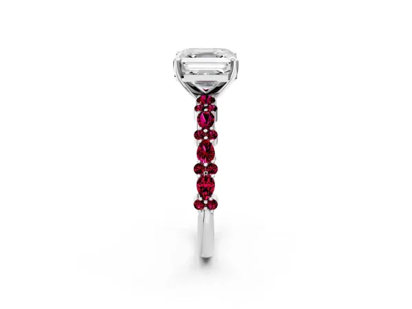 Asscher Cut Diamond Side Stone Solitaire Ring with Round Garnet and Four-Prong Setting Platinum