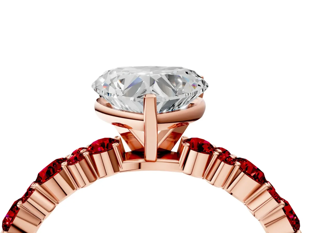 Heart Cut Diamond Side Stone Solitaire Ring with Round Ruby and Four-Prong Setting Rose gold