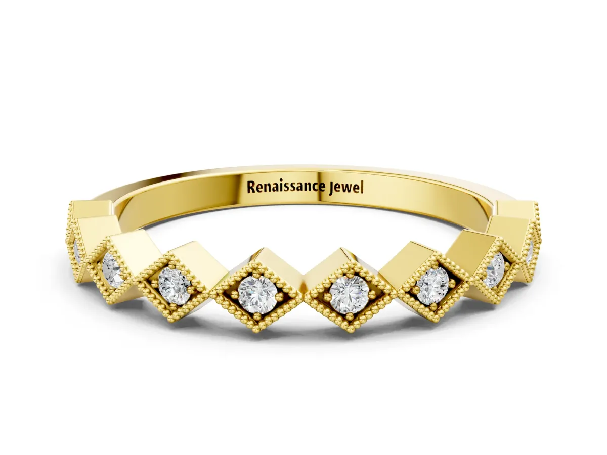Milgrain Diamond Geometric Stackable Band with Round Cut Stones and Bezel Setting Yellow gold