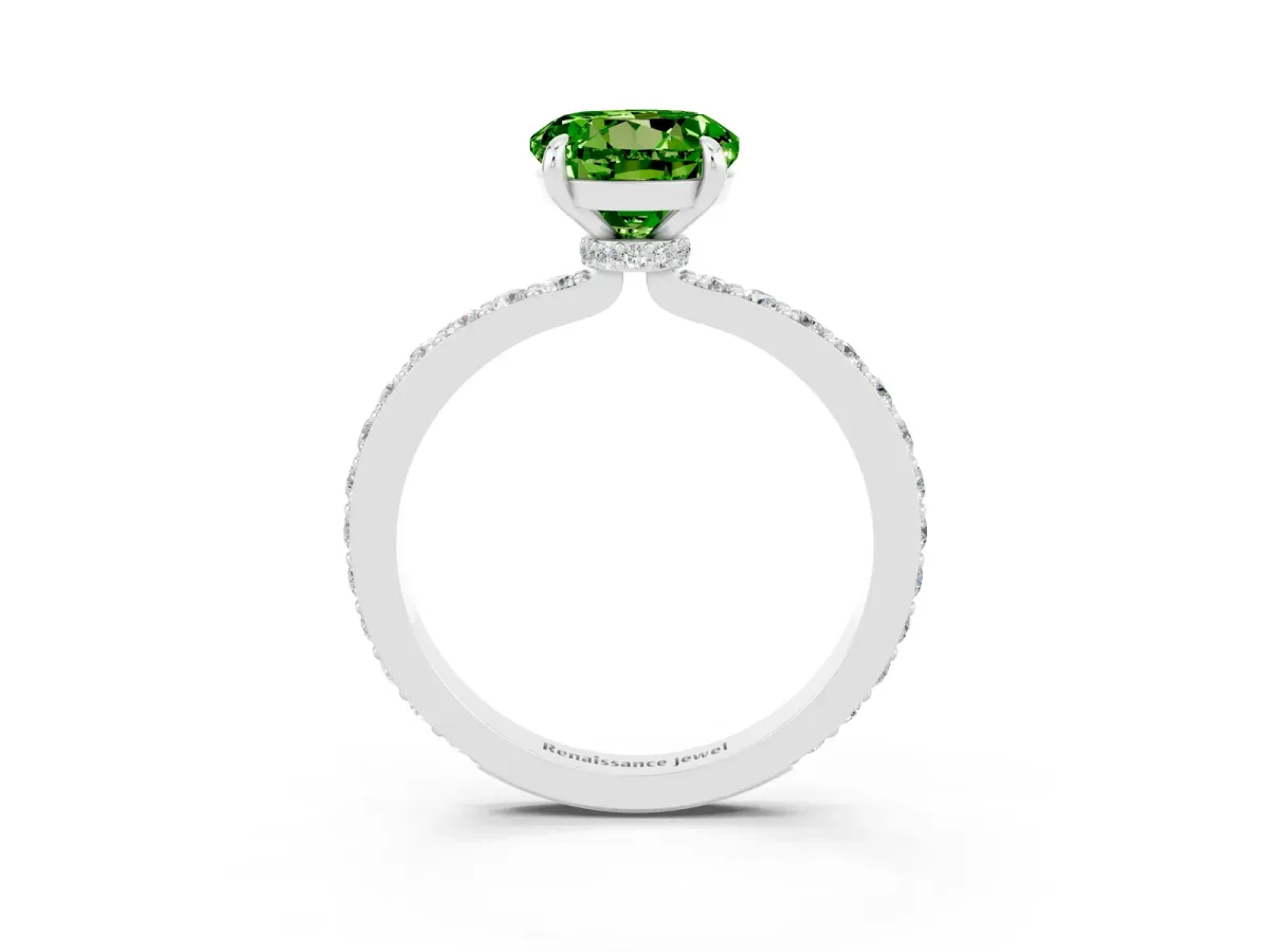Round Cut Peridot Solitaire Engagement Ring with Pavé Band and Four-Prong Setting Platinum