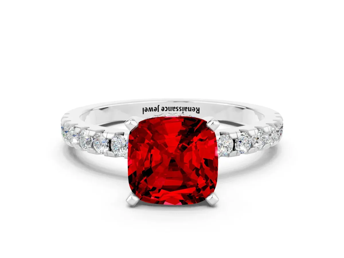 Cushion Cut Ruby Solitaire Ring with Round Pavé Band and Four-Prong Setting Silver