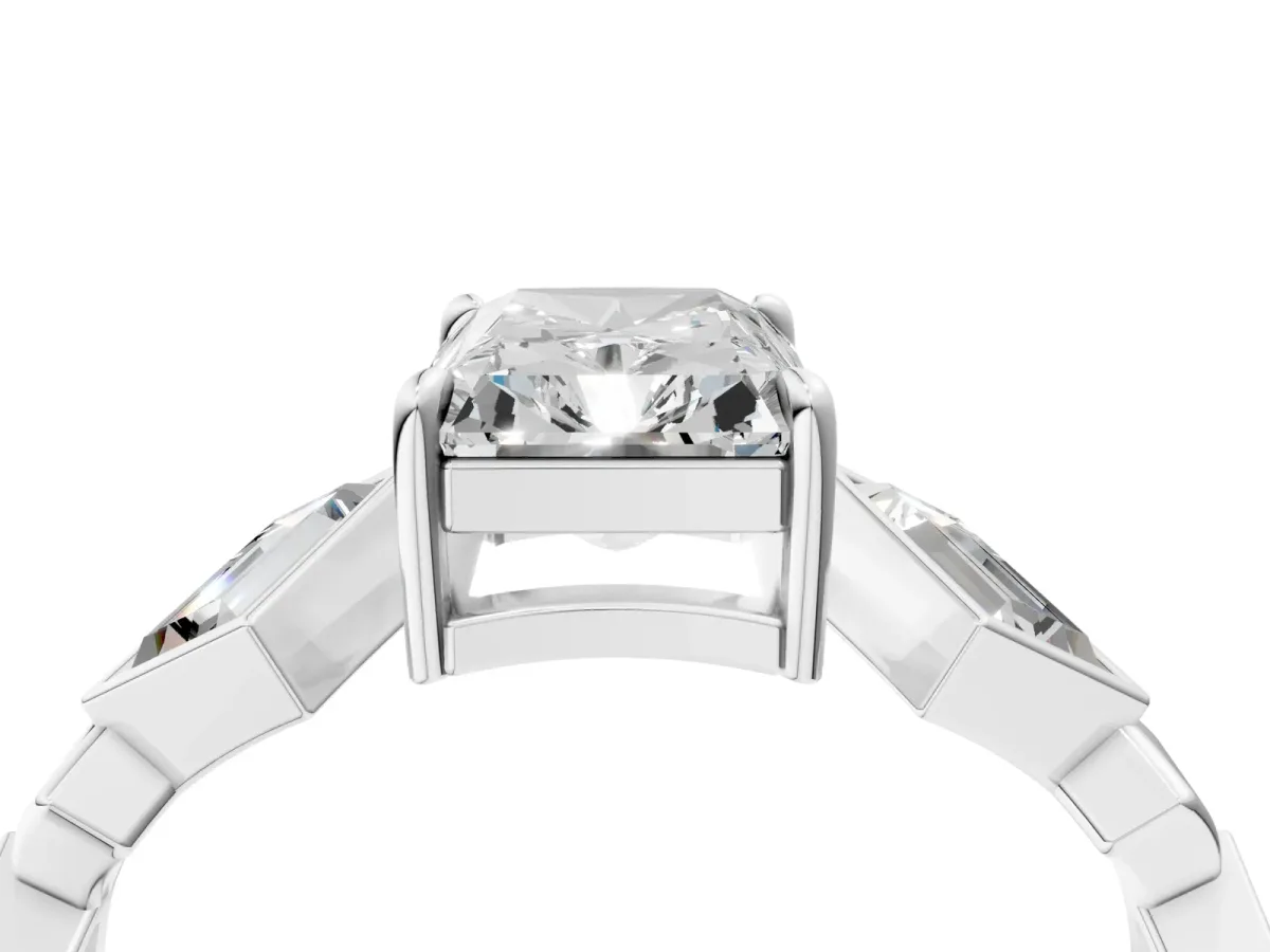 Radiant Diamond Geometric Side Stone Engagement Ring Silver