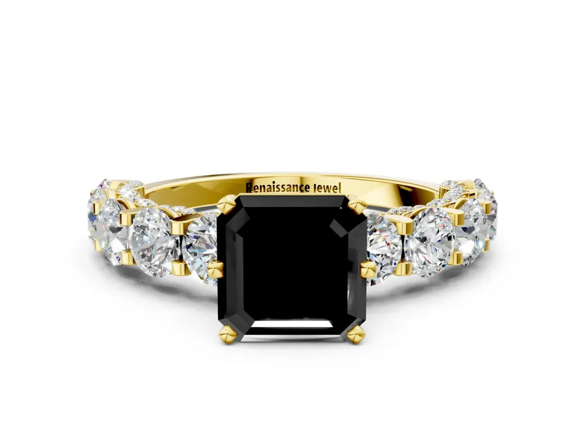 Fancy Black Asscher Cut Diamond Side Stone Engagement Ring with Four-Prong Setting Yellow gold
