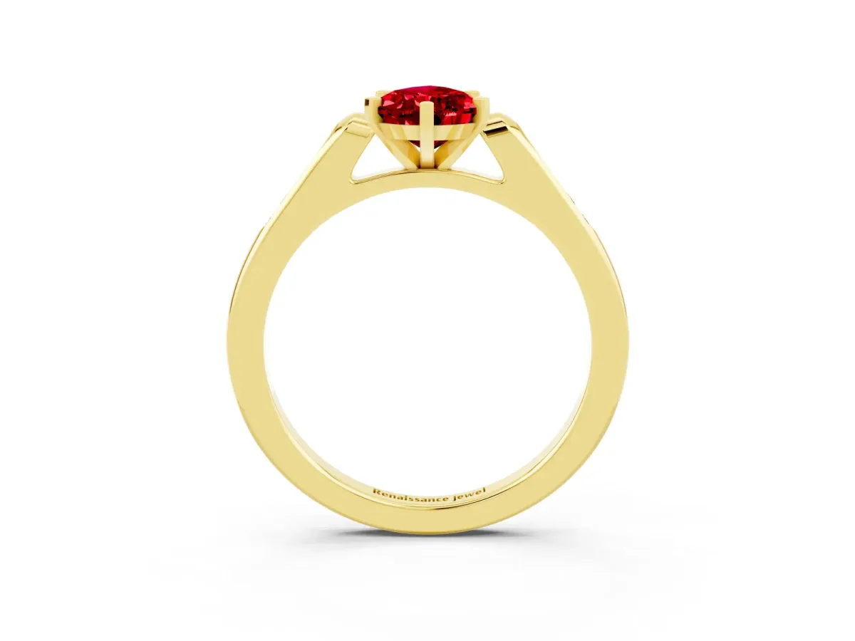 Pear Cut Ruby Solitaire Ring with Channel Set Round Band and Prong Setting Yellow gold