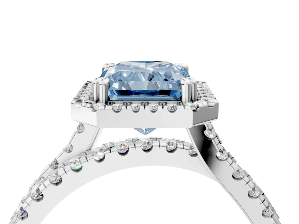 Fancy Blue Radiant Cut Halo Split Shank Diamond Ring with Pavé Setting Platinum