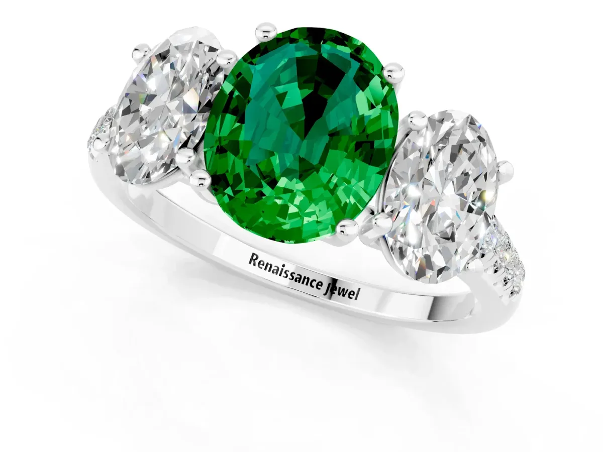 Three-Stone Oval Cut Emerald Ring with Round Pavé Band and Prong Setting Silver
