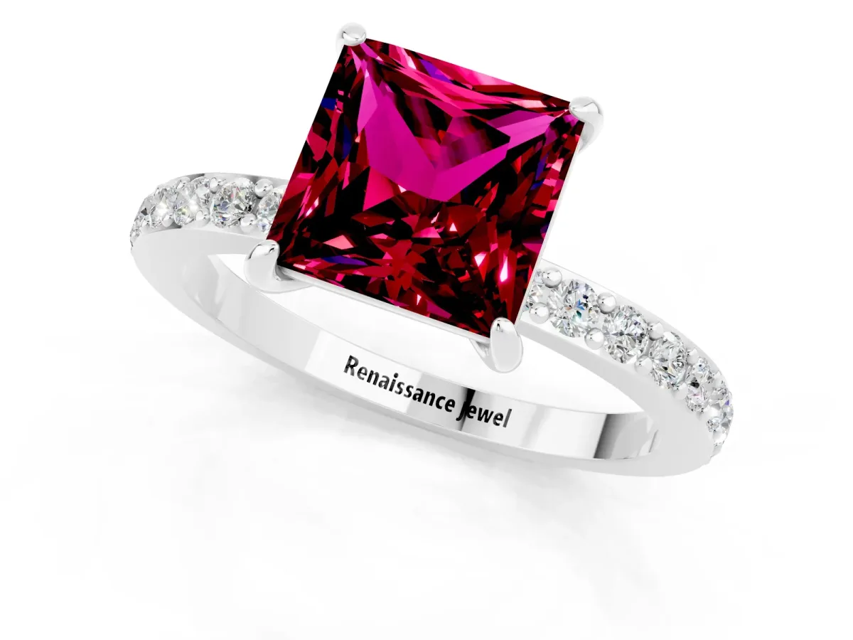 Princess Cut Garnet Solitaire Engagement Ring with Pavé Band and Four-Prong Setting White gold