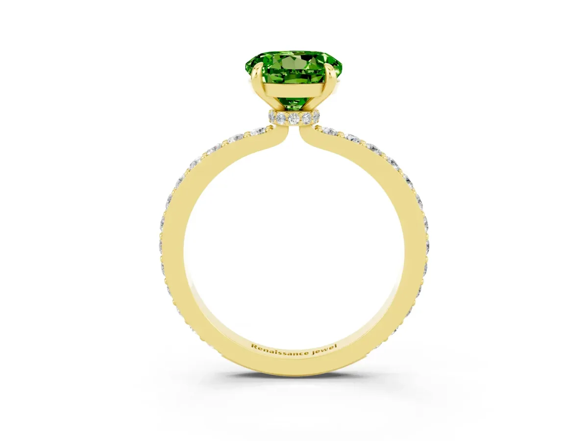 Round Cut Peridot Solitaire Engagement Ring with Pavé Band and Four-Prong Setting Yellow gold
