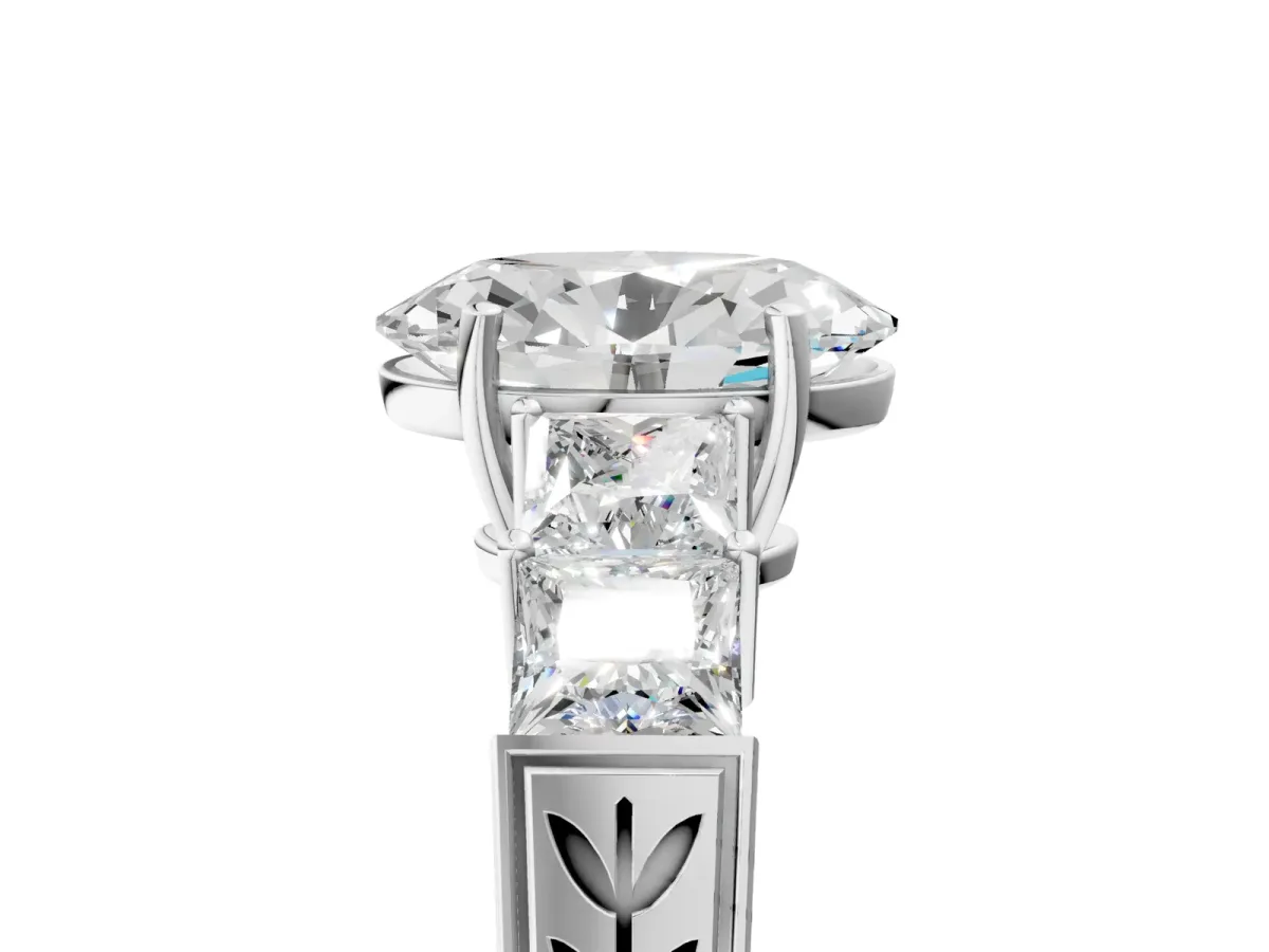 Oval Cut Solitaire Princess Side Stone Engraved Band Prong Setting Ring Platinum