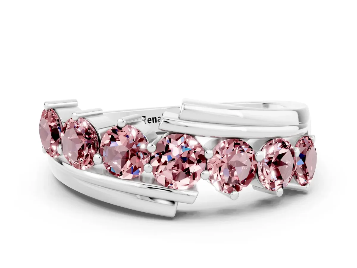 Round Morganite Wave Band with Channel and Shared Prong Setting Silver