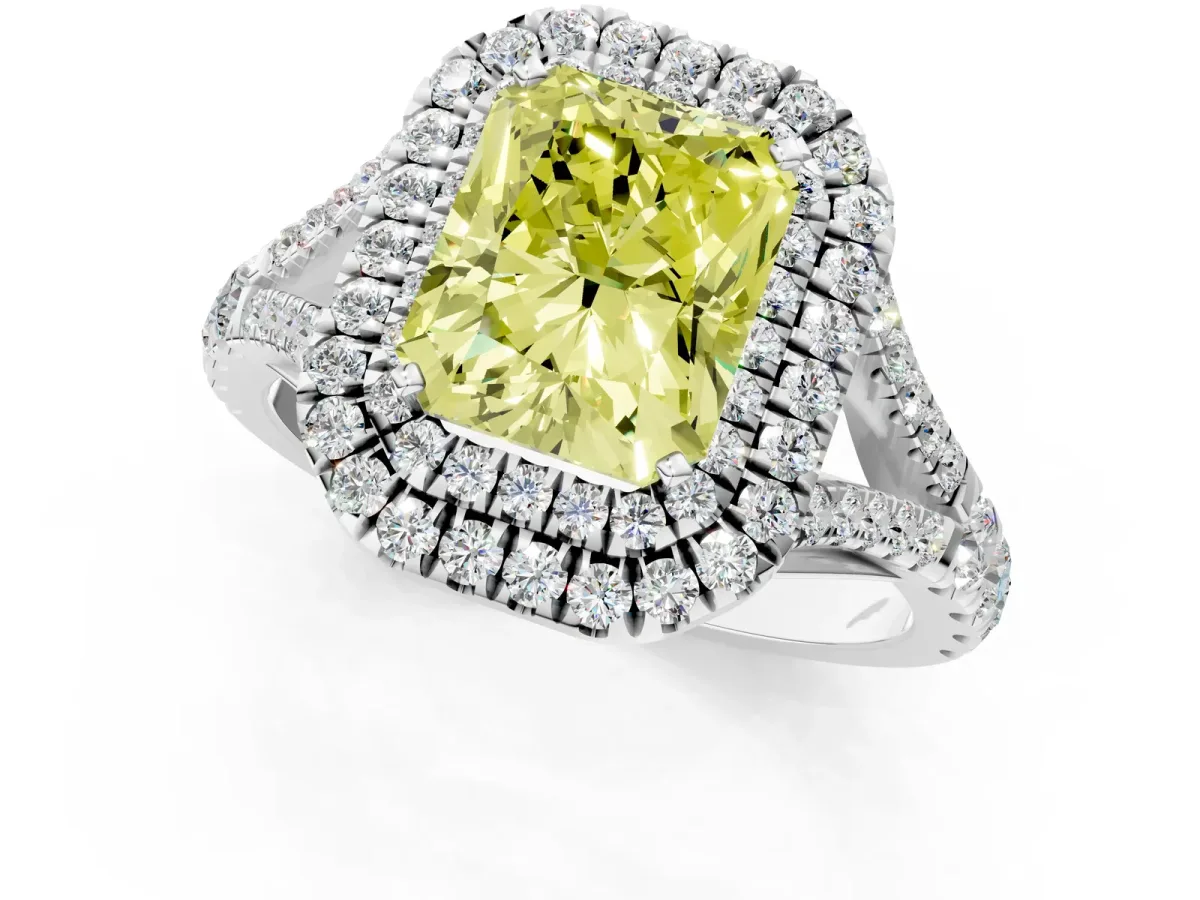 Fancy Yellow Radiant Cut Cut Double Halo Split Shank Diamond Ring with Prong Setting Platinum