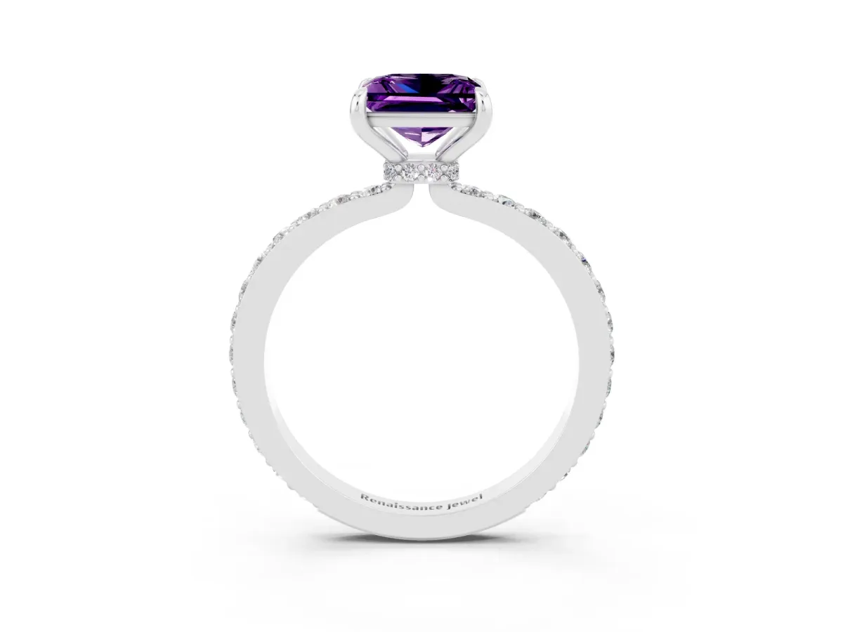Princess Cut Amethyst Solitaire Engagement Ring with Pavé Band and Four-Prong Setting White gold