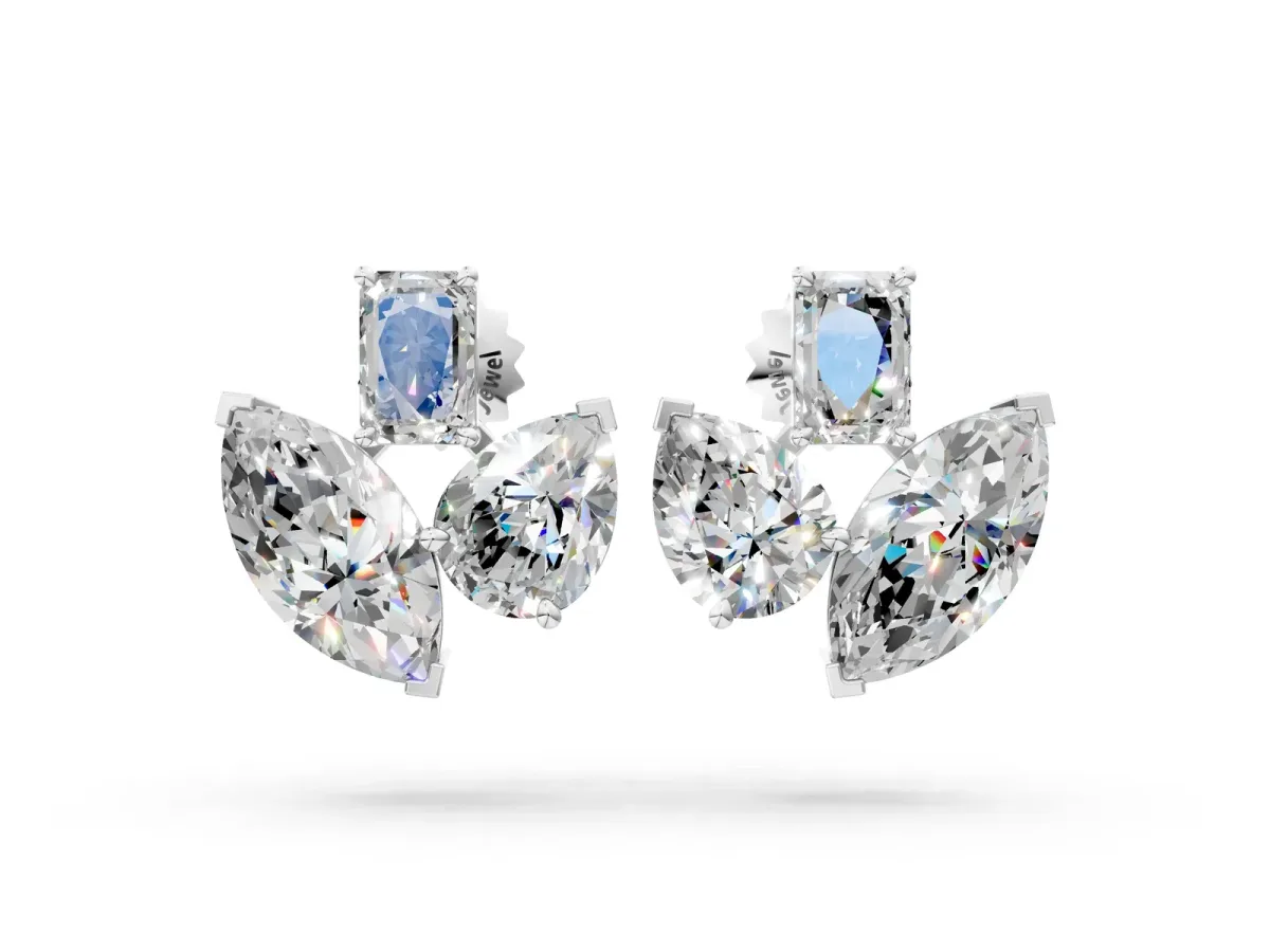 Emerald, Marquise and Pear Diamond Mosaic Three Stone Fan Earrings Platinum