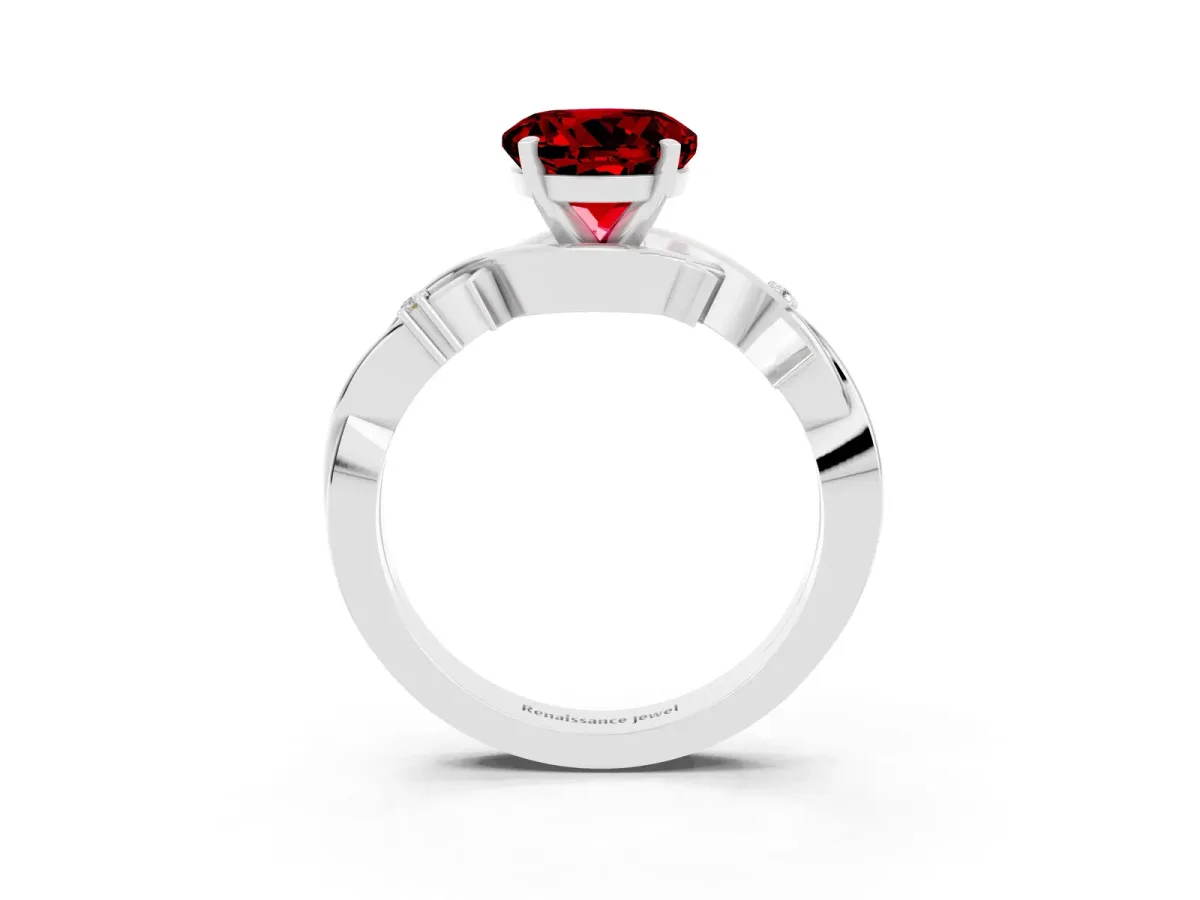 Round Cut Ruby Solitaire Ring with Twisted Band and Prong Setting Platinum