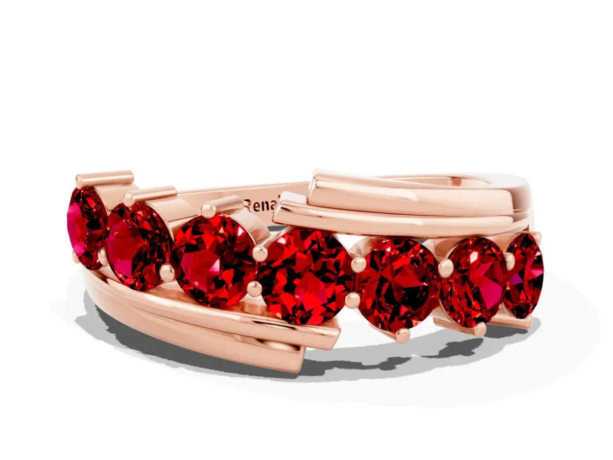 Round Ruby Wave Band with Channel and Shared Prong Setting Rose gold