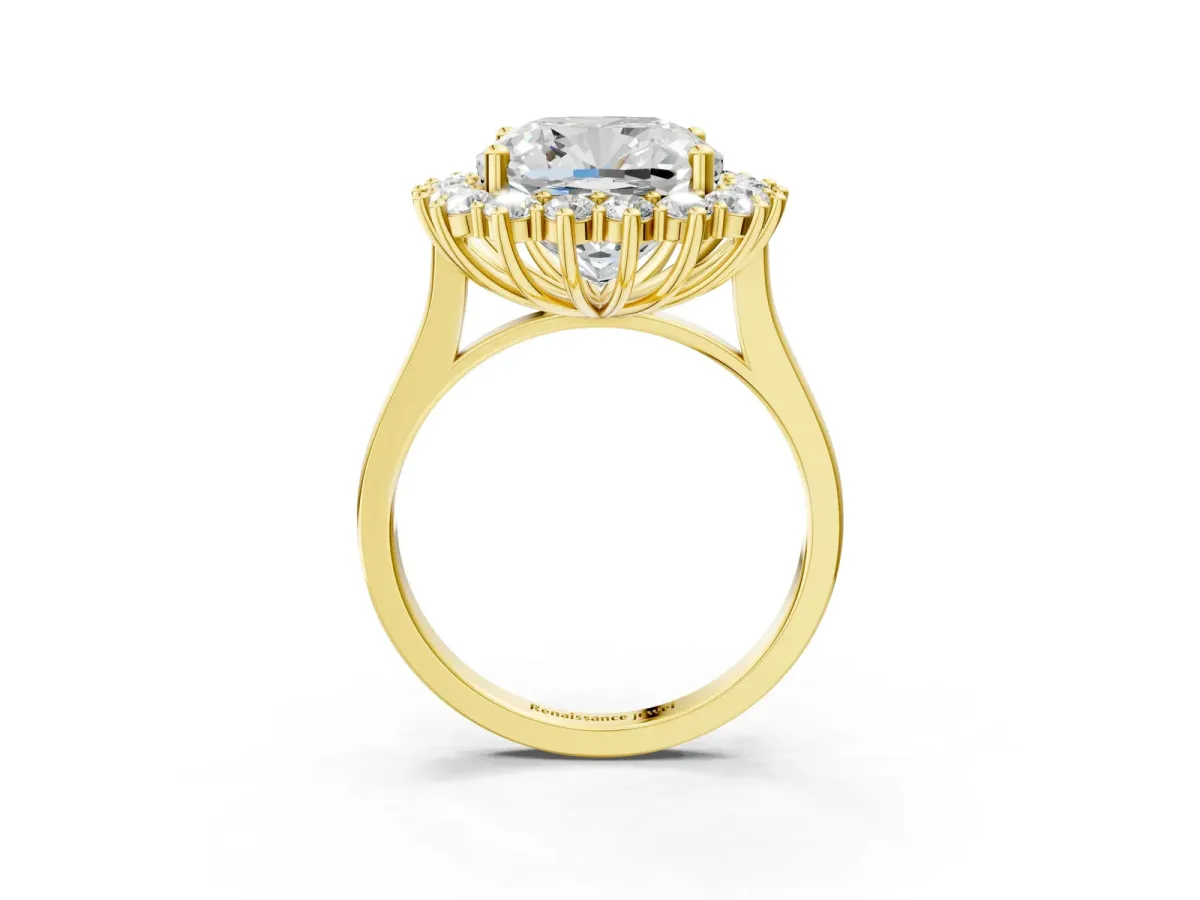 Cushion Diamond Halo Engagement Ring with Round Diamond Accents Yellow gold