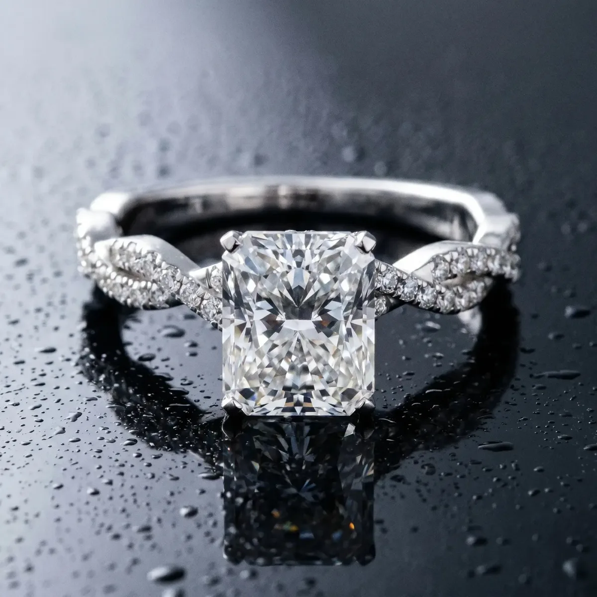 Radiant Cut Solitaire Twisted Pave Band with Four-Prong Setting Platinum