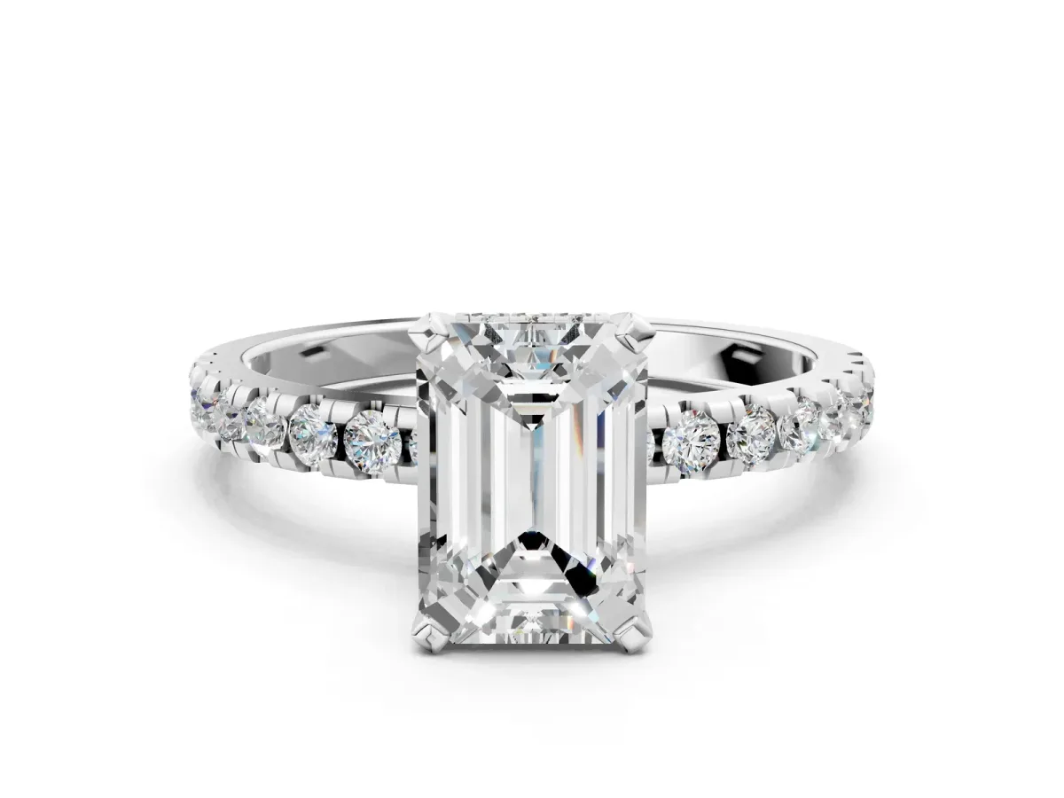 Emerald Cut Diamond Solitaire Ring with Round Pavé Band and Four-Prong Setting Silver