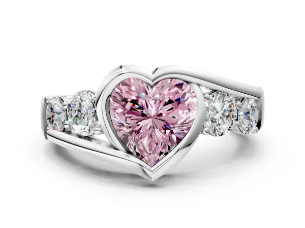 Fancy Pink Bezel Set Heart Cut Diamond Bypass Ring with Round Accents Platinum