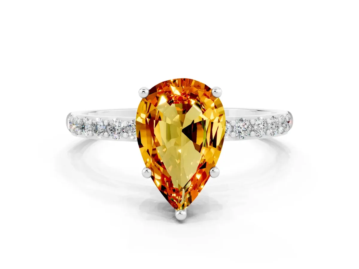 Pear Cut Citrine Solitaire Ring with Round Pavé Band and Prong Setting Platinum