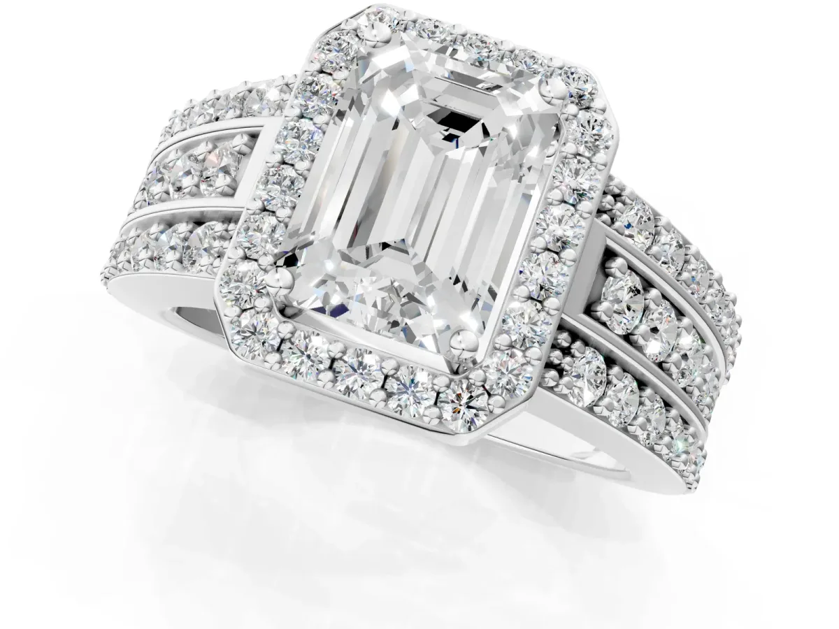Emerald Cut Halo Diamond Ring with Round Split Shank and Prong Setting Silver