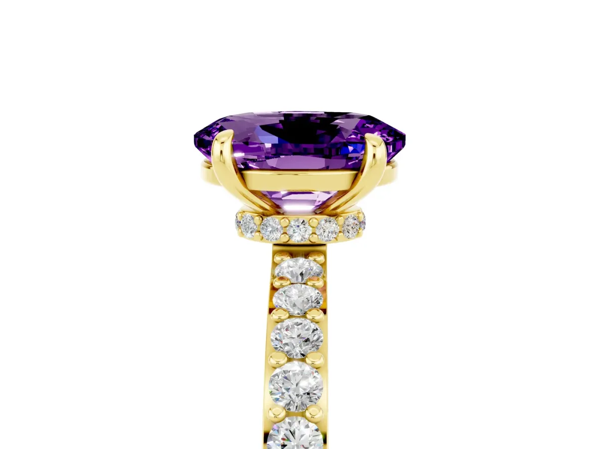 Oval Cut Amethyst Solitaire Engagement Ring with Pavé Band and Four-Prong Setting Yellow gold