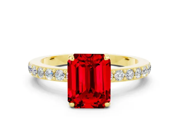 Emerald Cut Ruby Solitaire Engagement Ring with Pavé Band and Four-Prong Setting Yellow gold