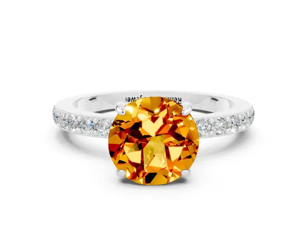 Round Cut Citrine Solitaire Engagement Ring with Pavé Band and Four-Prong Setting Platinum