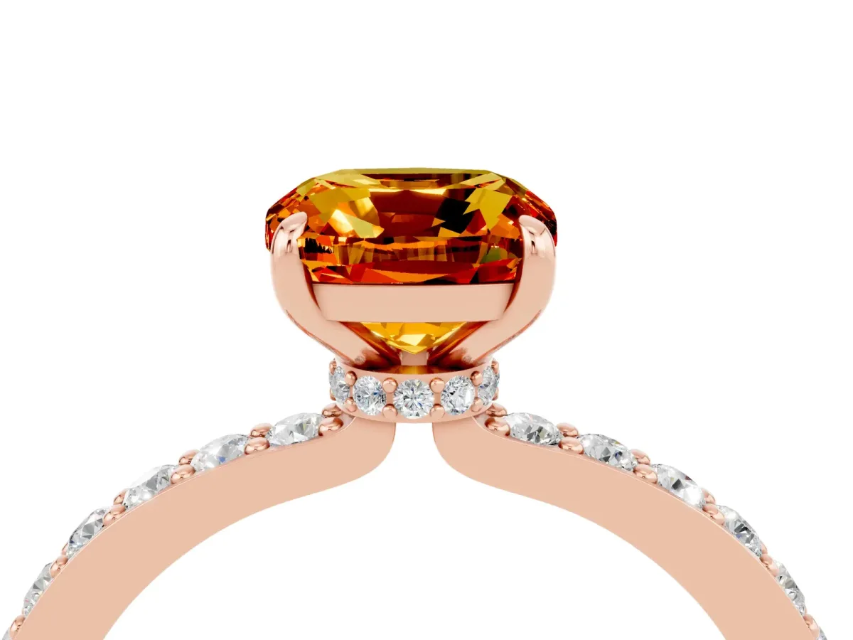 Cushion Cut Citrine Solitaire Engagement Ring with Pavé Band and Four-Prong Setting Rose gold