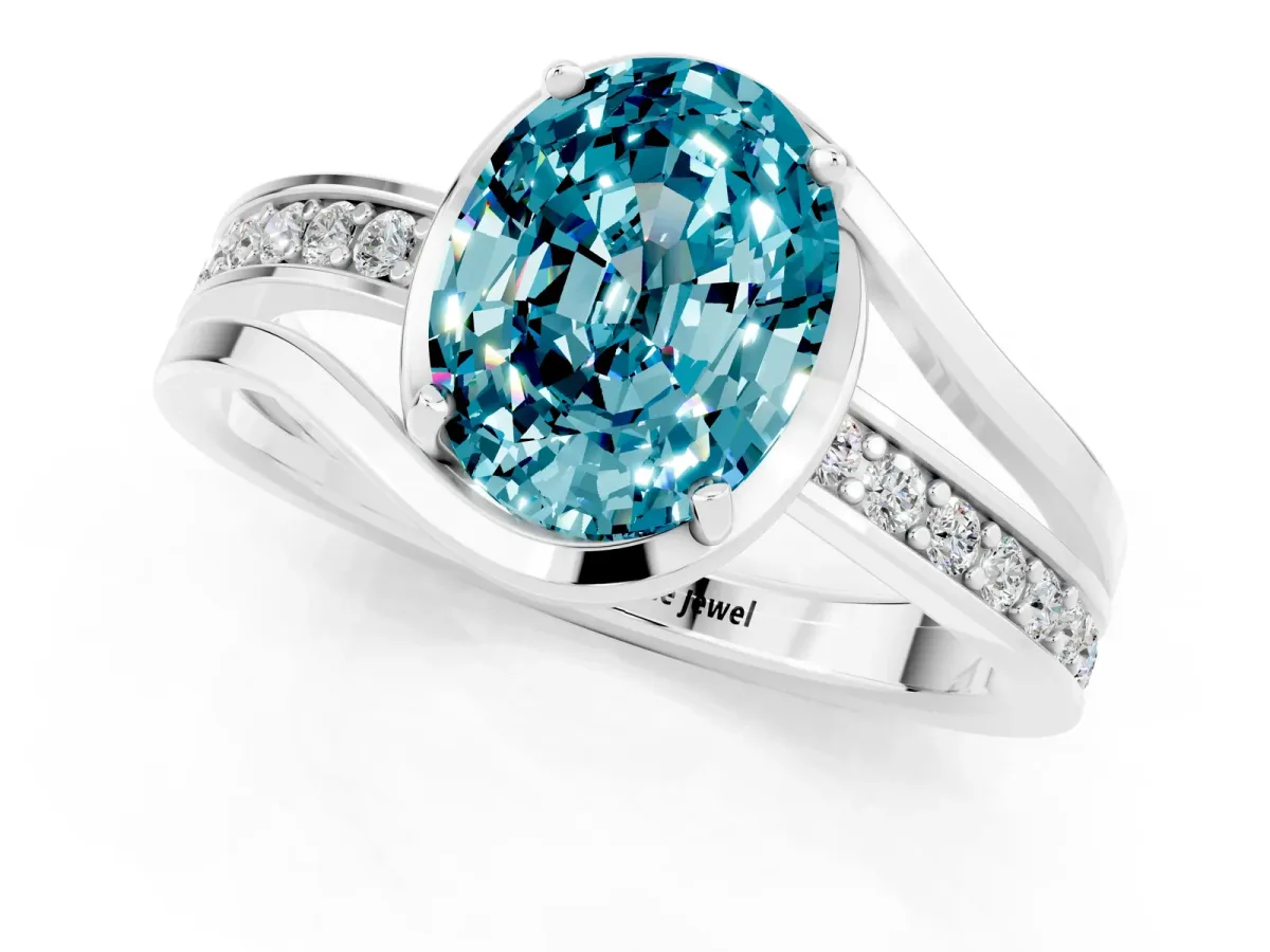 Oval Cut Blue Topaz Solitaire Ring with Split Shank and Prong Setting White gold