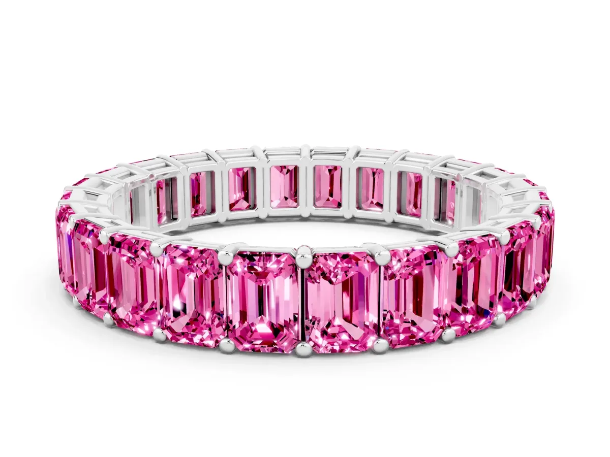 Emerald Cut Pink Sapphire Eternity Band with Shared Prong Setting Silver