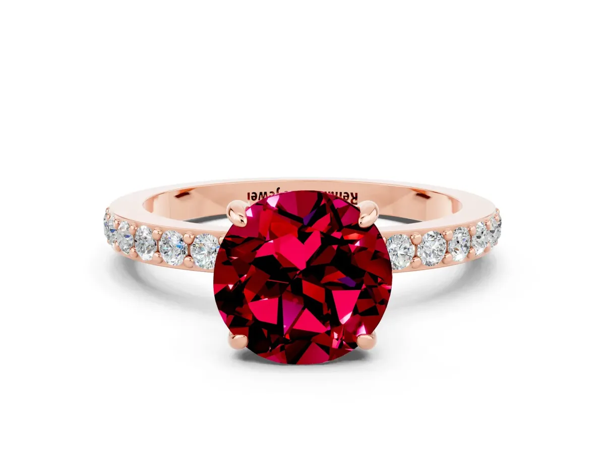 Round Cut Garnet Solitaire Engagement Ring with Pavé Band and Four-Prong Setting Rose gold
