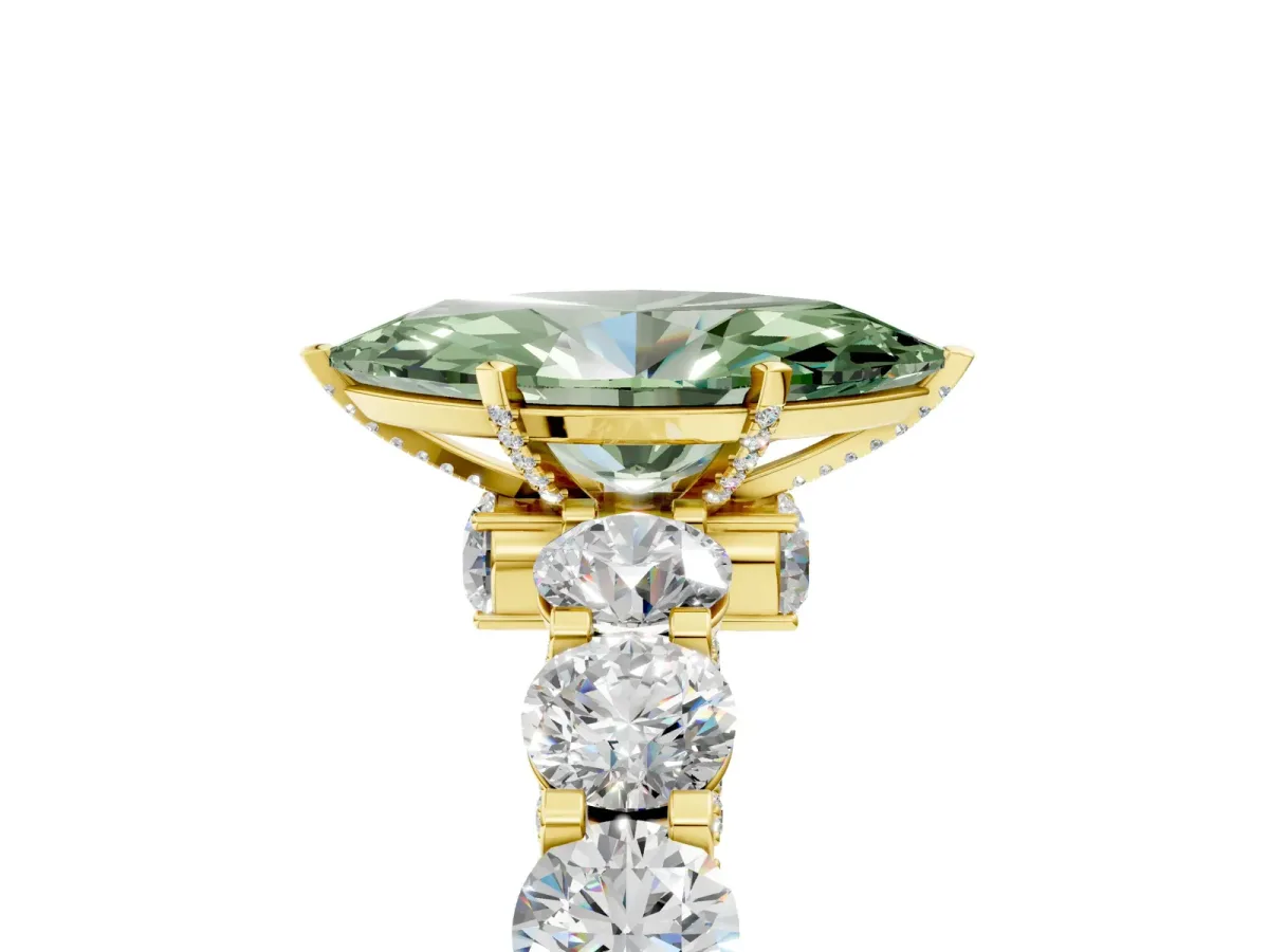 Fancy Green Marquise Cut Diamond Side Stone Engagement Ring with Four-Prong Setting Yellow gold