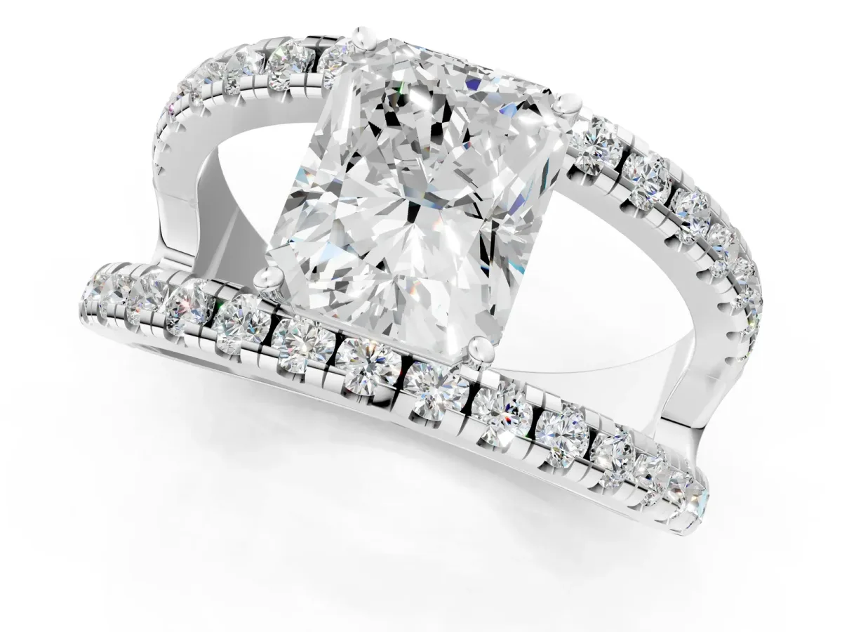 Radiant Cut Solitaire Split Shank Pave Diamond Ring Platinum