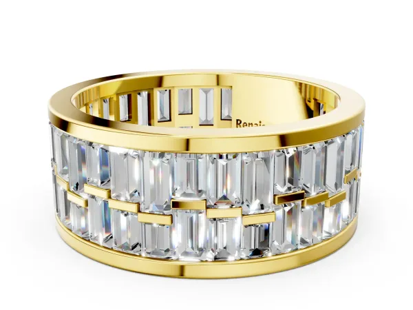 Baguette Diamond Staggered Two-Row Mens Band Yellow gold