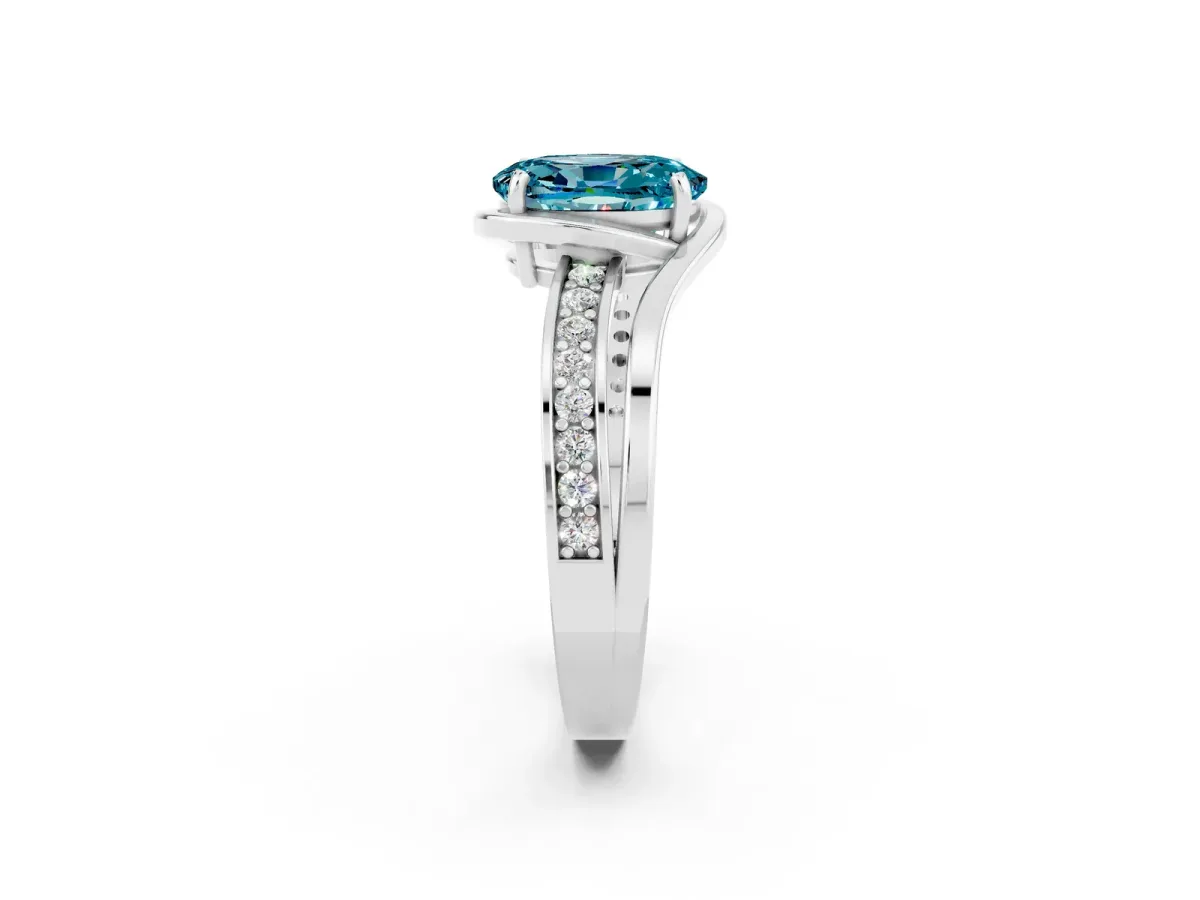 Oval Cut Blue Topaz Solitaire Ring with Split Shank and Prong Setting White gold