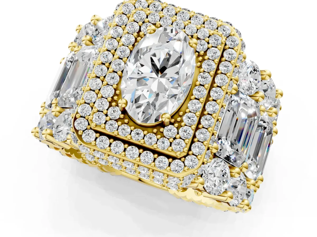 Oval Diamond Halo Mens Ring with Baguette Side Stones Yellow gold