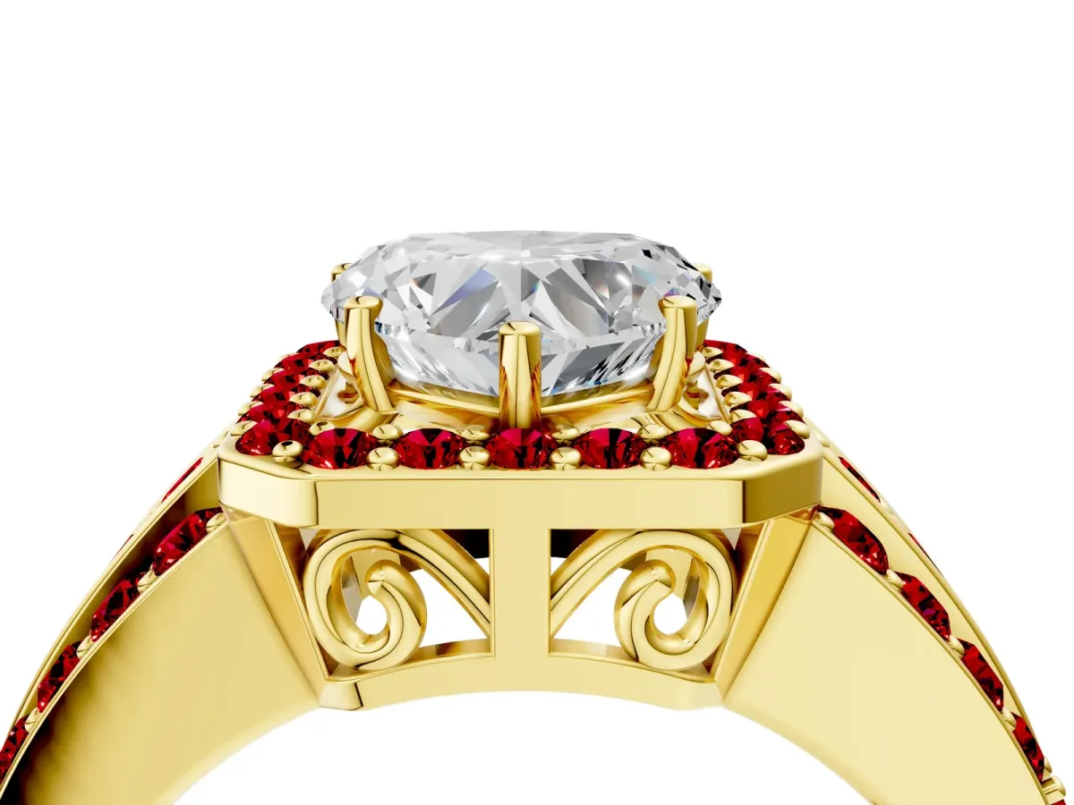 Heart Cut Halo Diamond Ring with Round Ruby Split Shank and Prong Setting Yellow gold