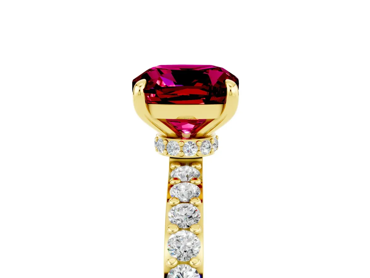 Cushion Cut Garnet Solitaire Engagement Ring with Pavé Band and Four-Prong Setting Yellow gold