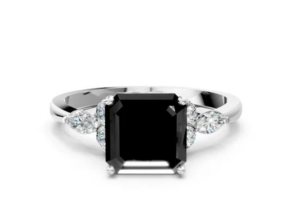 Fancy Black Asscher Cut Brilliant Diamond Solitaire Ring with Pear Side Stones and Four-Prong Setting Platinum