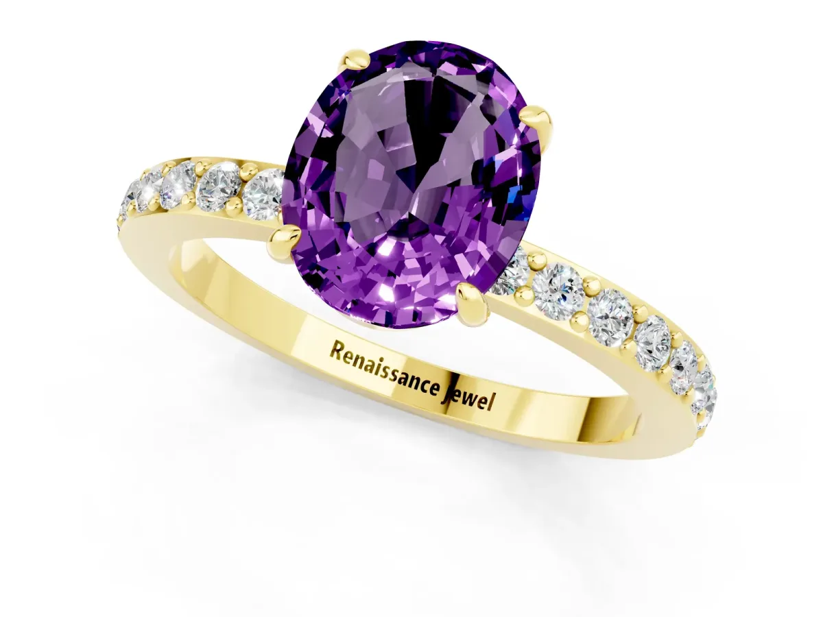 Oval Cut Amethyst Solitaire Engagement Ring with Pavé Band and Four-Prong Setting Yellow gold