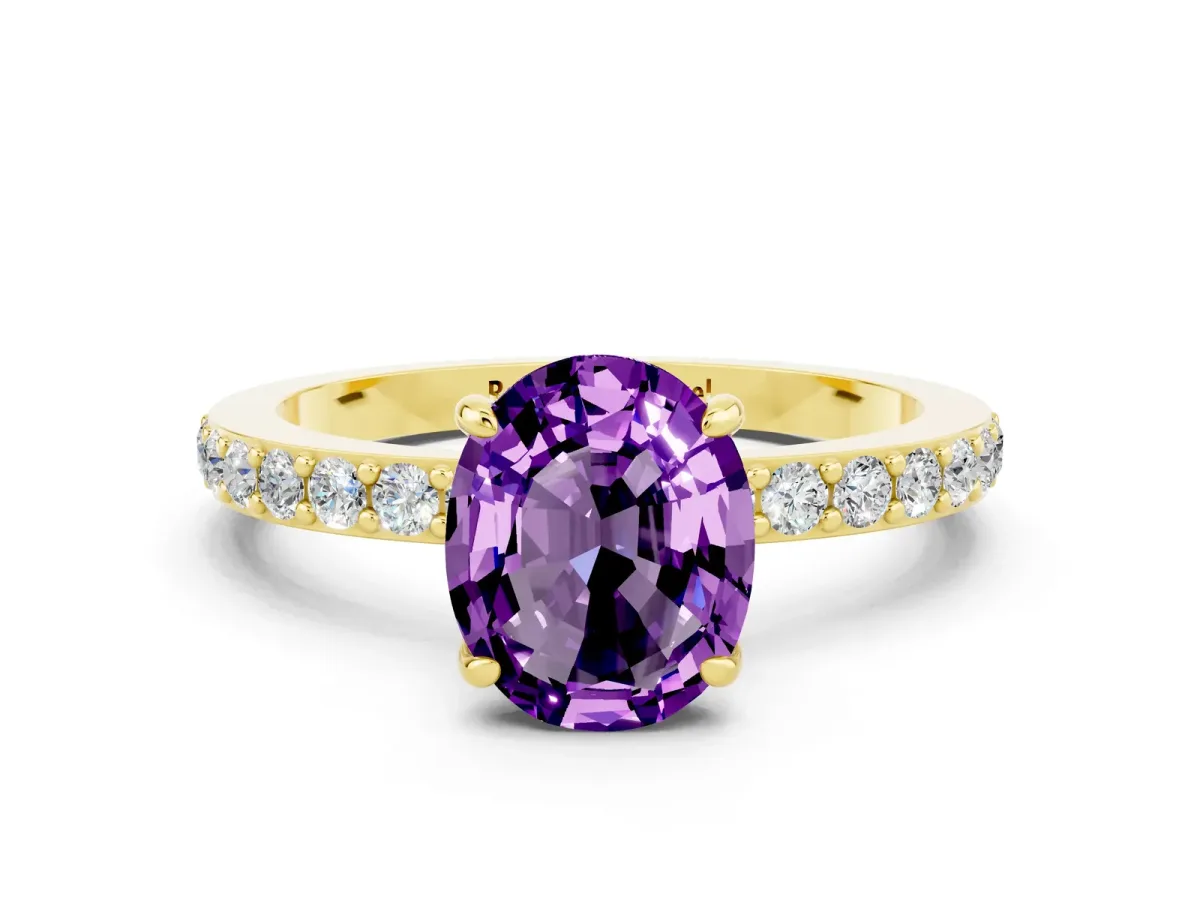 Oval Cut Amethyst Solitaire Engagement Ring with Pavé Band and Four-Prong Setting Yellow gold