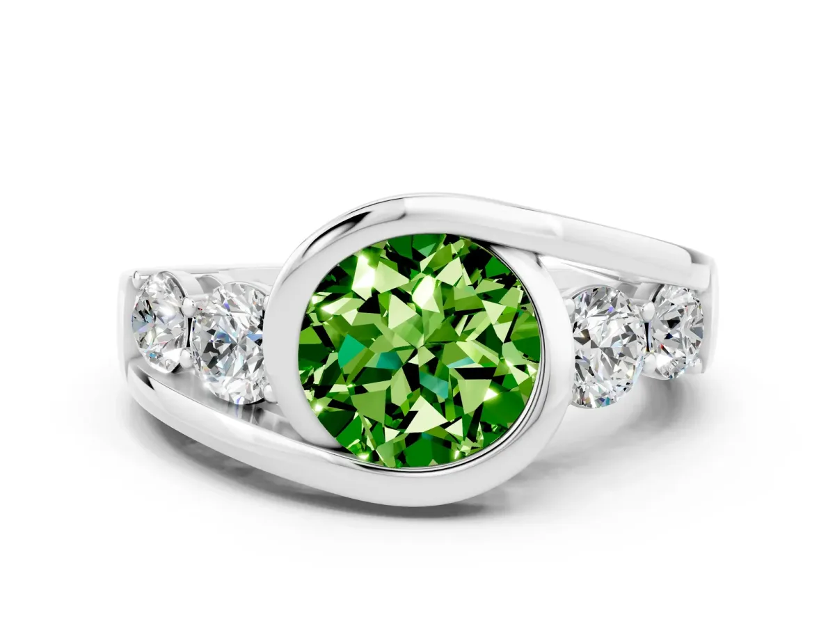 Bezel Set Round Cut Peridot Bypass Ring with Round Accents Silver