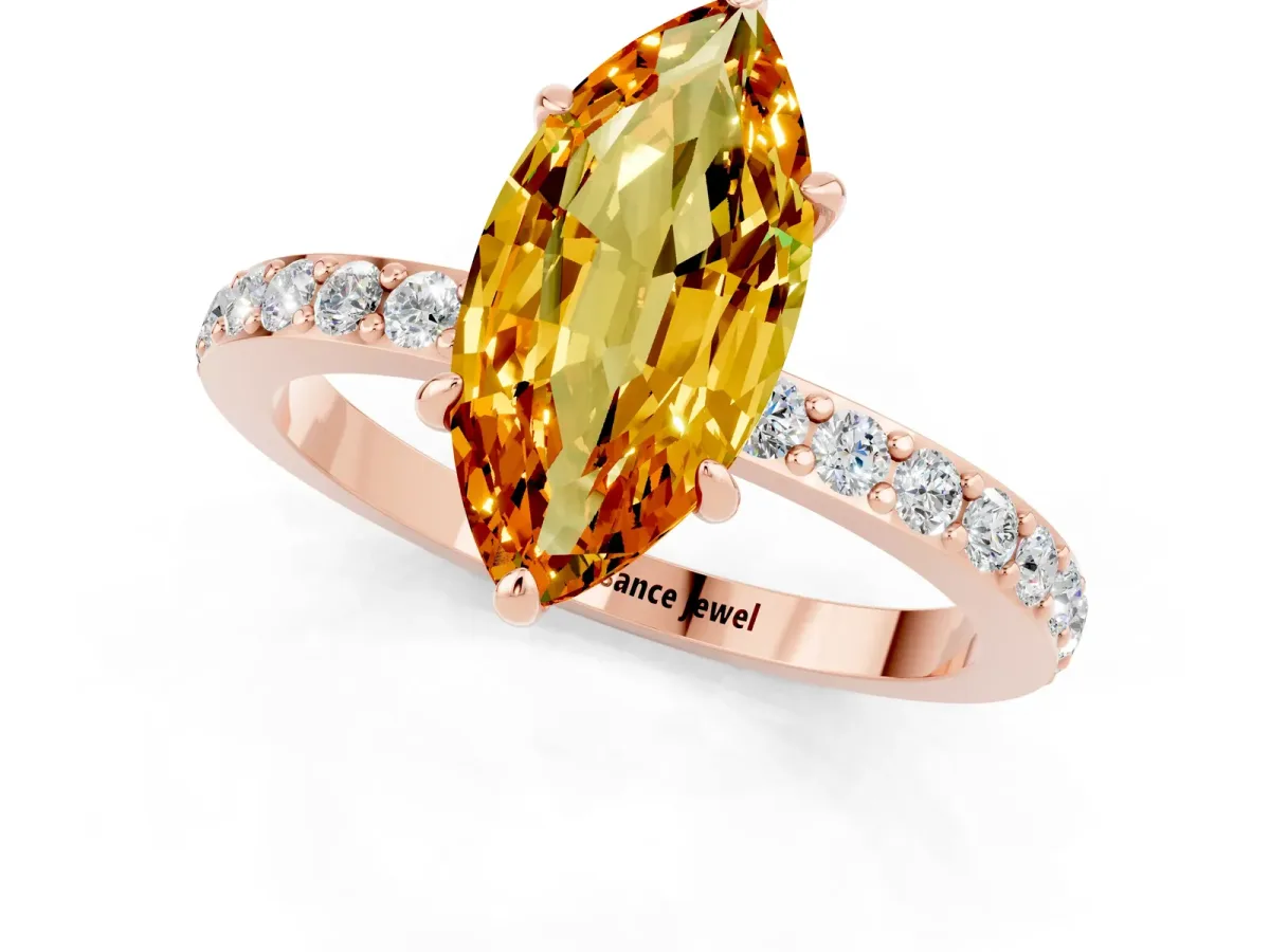 Marquise Cut Citrine Solitaire Engagement Ring with Pavé Band and Four-Prong Setting Rose gold
