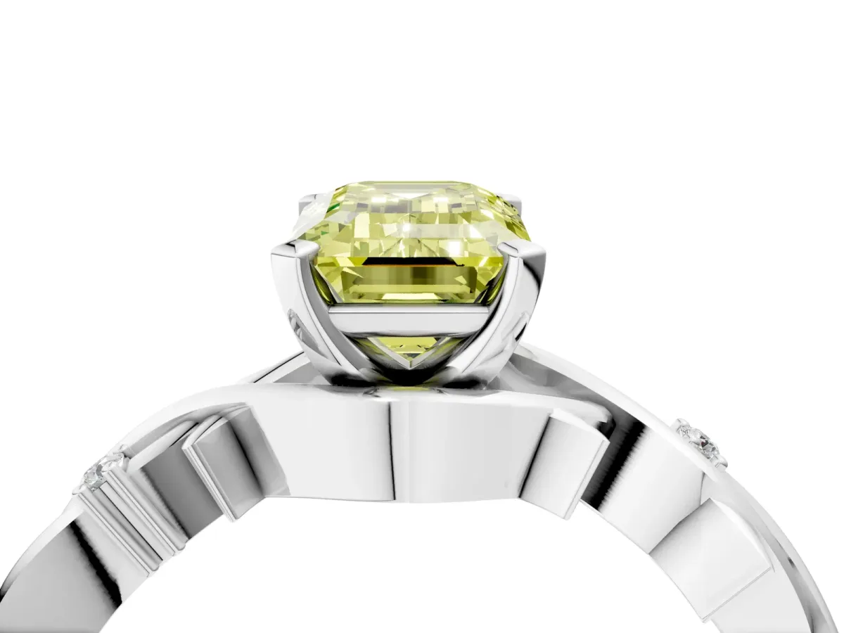 Fancy Yellow Emerald Cut Diamond Solitaire Ring with Twisted Band and Prong Setting Silver