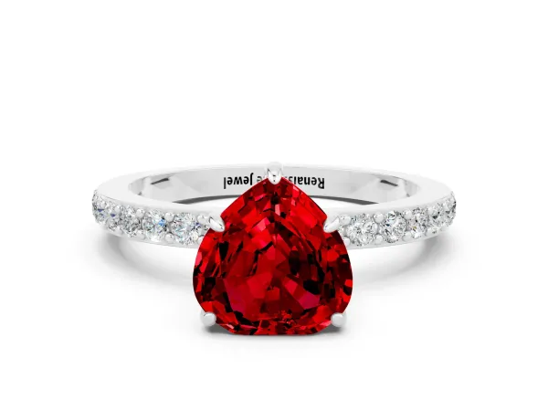 Heart Cut Ruby Solitaire Engagement Ring with Pavé Band and Four-Prong Setting Platinum