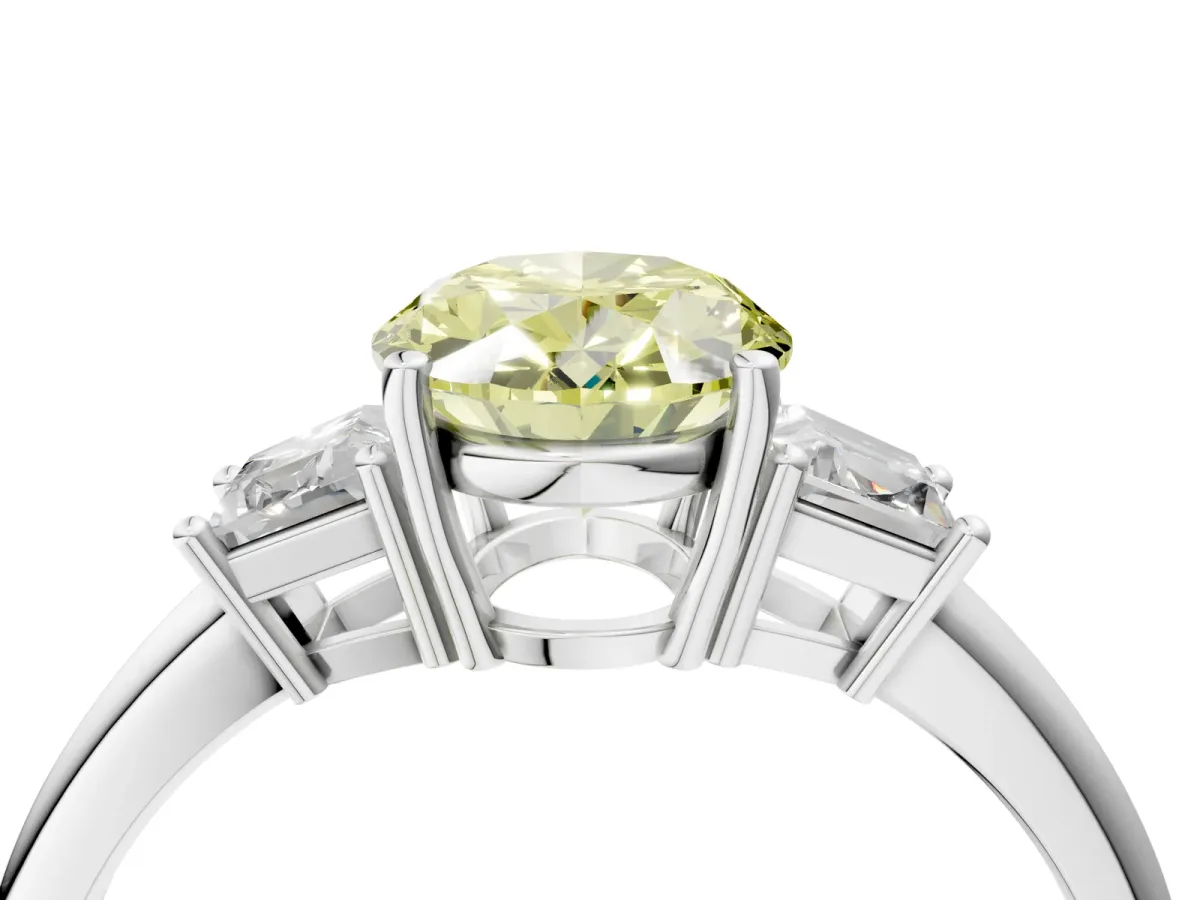 Fancy Yellow Oval Cut Diamond Three-Stone Ring with Trapezoid Side Stones and Prong Setting Silver